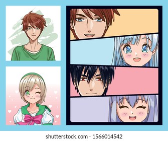 group of faces young people anime style characters vector illustration design