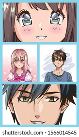 group of faces young people anime style characters vector illustration design