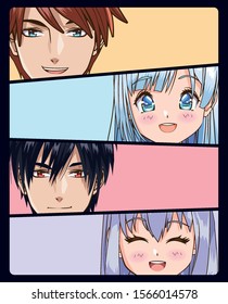 Group Of Faces Young People Anime Style Characters Vector Illustration Design