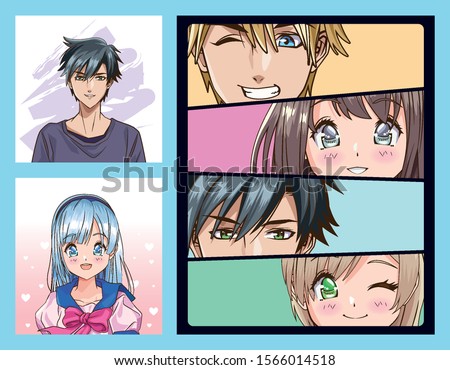 group of faces young people anime style characters vector illustration design