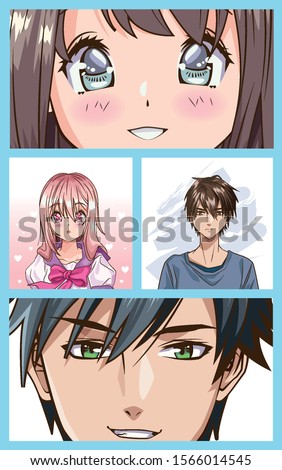 group of faces young people anime style characters vector illustration design