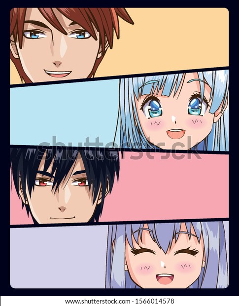group of faces young people anime style characters\
vector illustration\
design