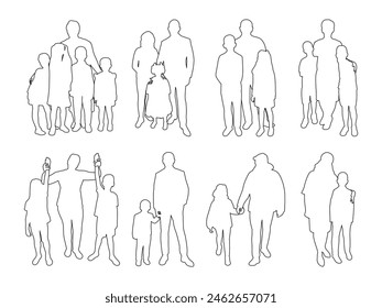 Group of families sketch outlines, body figures of adults and children