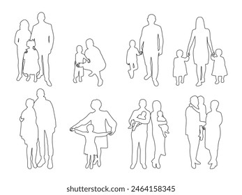 Group of families sketch outlines, body figures of adults and children