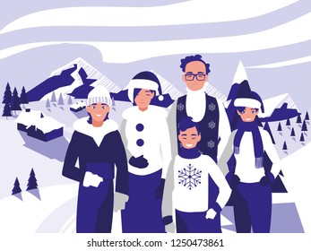 group of family with clothes christmas in winter landscape