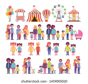 group of family members with pets and entertainment icons vector illustration