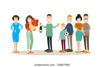 Group of family people, lovers. Pregnant woman, man and woman falling in love, father with his son, family couple. People and relations concept flat style design elements isolated on white background.