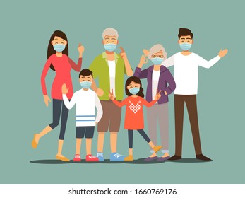 Group of family wearing medical masks to prevent disease, flu, , air pollution, contaminated air, protective Medical mask for prevent virus. Vector illustration cartoon character. 