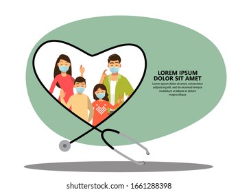 Group of family wearing medical masks to prevent disease, flu, , air pollution, contaminated air, protective Medical mask for prevent virus. Vector illustration cartoon character. 