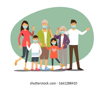 Group of family wearing medical masks to prevent disease, flu, , air pollution, contaminated air, protective Medical mask for prevent virus. Vector illustration cartoon character. 