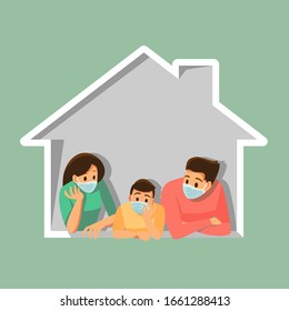 Group of family wearing medical masks to prevent disease, flu, , air pollution, contaminated air, protective Medical mask for prevent virus. Vector illustration cartoon character. 