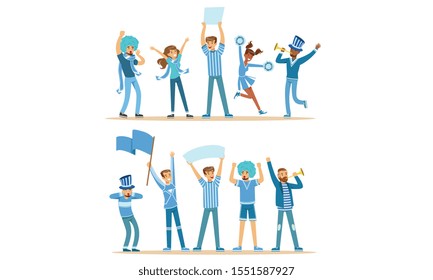 Group Of Fans In Blue Outfits Supporting Their Favorite Sports Team At The Stadium Vector Illustration Set Isolated On White Background