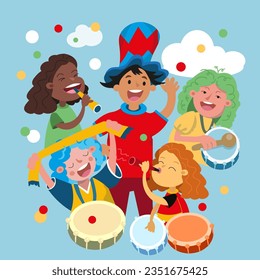 Group of fans of different nationalities with objects and musical instruments. Sports competitions and games. Funny cartoon characters for design. Vector illustration.  