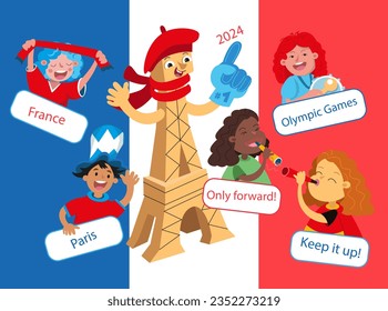 Group of fans of different nationalities with objects and musical instruments in France. Sports competitions and games in Paris. Funny cartoon characters for design. Vector illustration.  