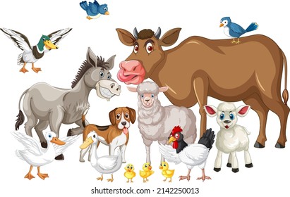 Group of farm animals cartoon character illustration