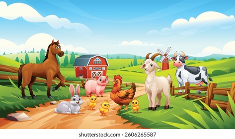 Group of farm animals including a horse, pig, goat, cow, rabbit, hen, and chicks in a green field. Vector cartoon illustration