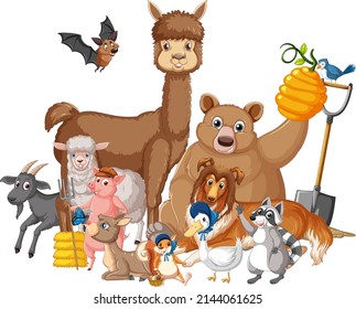 Group of farm animals on white background illustration