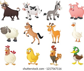 Group of farm cartoon animals. Vector illustration of funny happy animals.
