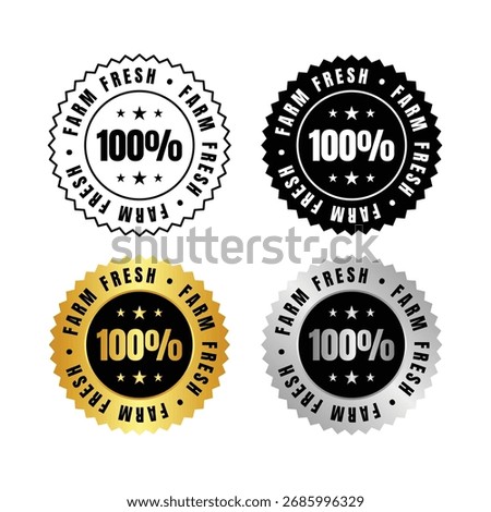 a group of farm fresh labels, presented in black, gold, and silver. each label features a one hundred symbol, set against a clean white backdrop. they convey quality and freshness.