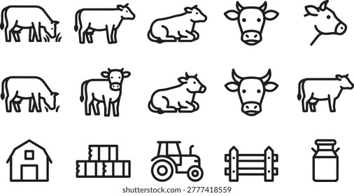 Group of farm icons showing cows in various poses tractor barn hay bales fence and milk can isolated on white.