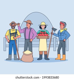 A Group Of Farmers Farming, Growing Vegetables, Growing Rice, Raising Animals, And Doing Mixed Farming. Harvest Seasonal Crops And Sell Them To Customer Who Have Ordered Them. Vector Flat Illustration