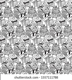 Group fashion aliens black and white seamless pattern