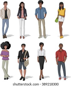 Group of fashion cartoon black people. African teenagers.
