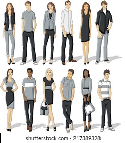 Group of fashion cartoon young business people.