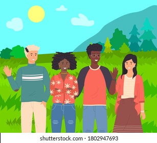 Group of fashion cartoon young people. Teenagers boys and girls standing together outdoor summer time. Students of different nationalities and skin colors. Friendly company waving a welcome gesture