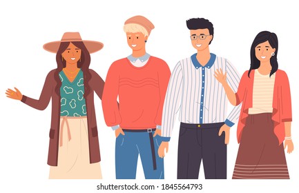 Group of fashion cartoon young people. Stylish teenagers boys and girls standing together on white background. Students of different nationalities. Friendly company waving a welcome gesture