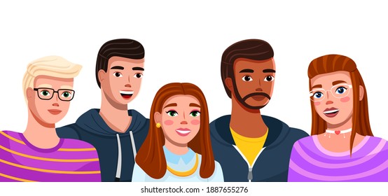 Grupo de jóvenes de caricaturas de moda. Adolescentes de ambos sexos juntos aislados en blanco. Estudiantes de diferentes nacionalidades y colores de piel. Ilustración de vector de retrato de empresa amigable