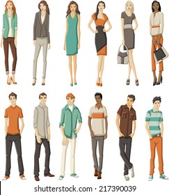 Group of fashion cartoon young people 