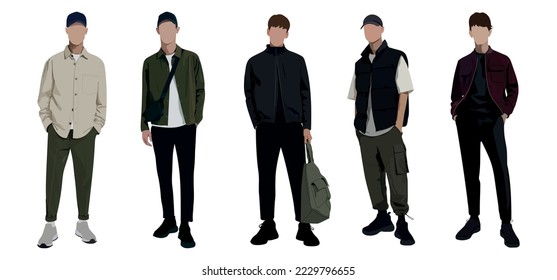 Group fashion men in modern trendy outfits. Young people wearing stylish casual summer clothes. Colored flat graphic vector illustration of fashionable man isolated on white background - Shutterstock ID 2229796655