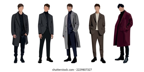 Group fashion men in modern trendy outfits. Young people wearing stylish casual summer clothes. Colored flat graphic vector illustration of fashionable man isolated on white background