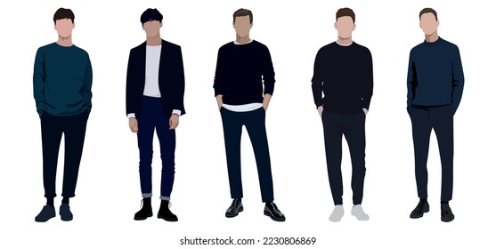 Group fashion men in modern trendy outfits. Young people wearing stylish casual summer clothes. Colored flat graphic vector illustration of fashionable man isolated on white background