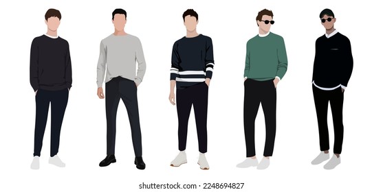 Hombres de moda en grupo con atuendos modernos y de moda. Jóvenes con ropa elegante de verano informal. Ilustración de vectores gráficos planos de color del hombre de moda aislado en fondo blanco