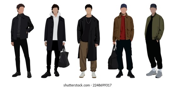 Hombres de moda en grupo con atuendos modernos y de moda. Jóvenes con ropa elegante de verano informal. Ilustración de vectores gráficos planos de color del hombre de moda aislado en fondo blanco