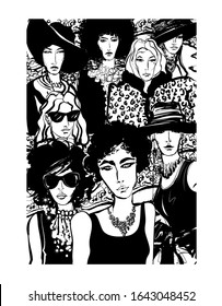 Group of a fashion models - vector illustration (Ideal for printing on fabric or paper, poster or wallpaper, house decoration) (all portraits are totally fictitious)