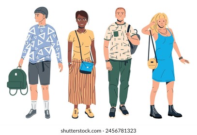 Group of Fashion People Characters. Young Man and Woman in Trendy Outfit Standing Together. Guys and Girls with Different Hairstyles and Ethnicities in Stylish Casual Clothes. Flat Vector Illustration