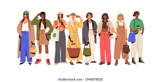 Group of fashion people in trendy outfits. Young stylish women wearing modern casual summer clothes and accessories. Colored flat graphic vector illustration of fashionable looks isolated on white