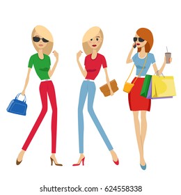 Group of fashion women with shopping bags and handbags