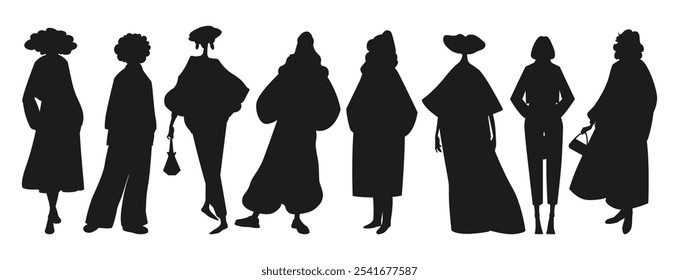Group of fashion women silhouette in trendy modern outfits. Stylish girls in casual clothes. Full-length woman characters in fashionable autumn, spring, and winter looks. Vector illustration