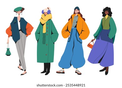 Group of fashion women in trendy modern outfits. Stylish young girls wearing casual clothes. Full length woman characters in fashionable autumn, spring, winter looks. Flat vector illustration.