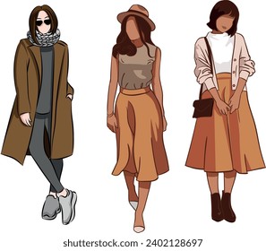 Group of fashionable man and women standing together vector flat illustration. Stylish female characters in modern casual. 