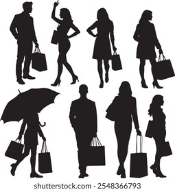 Group of fashionable silhouette girls vector with a bag