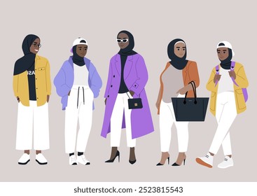 The group of fashionable women in hijabs confidently display their individual styles in lively outfits, embodying empowerment and unity in a modern urban environment