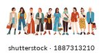 Group of fashionable women standing together vector flat illustration. Stylish female characters in modern casual, hipster clothes isolated on white. Beautiful ladies in elegant outfit