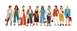 Grup De Femei La Modă în Picioare împreună Ilustrație Vectorială Plat. Personaje Feminine Elegante în Haine Moderne Casual, Hipster Izolate Pe Alb. Doamnelor Frumoase în Costum Elegant
