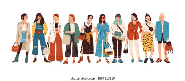 Group Of Fashionable Women Standing Together Vector Flat Illustration. Stylish Female Characters In Modern Casual, Hipster Clothes Isolated On White. Beautiful Ladies In Elegant Outfit