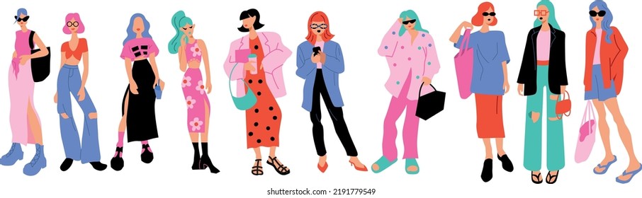 Group of fashionable women standing together vector flat illustration.
Stylish female characters in modern casual clothes isolated on white.
Beautiful girls in fashionable clothes.